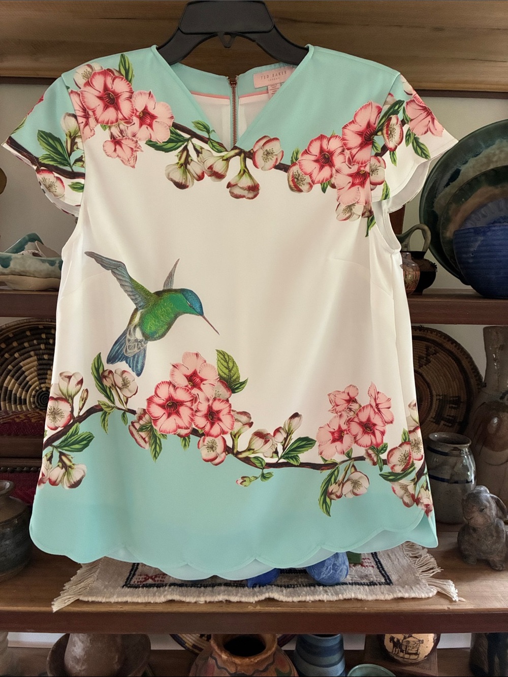 Ted Baker White & Mint Hummingbird Floral Cap-Sleeve Blouse